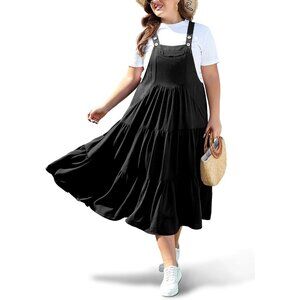 Black Tiered Maxi Dress for Plus Size Women with Pockets & Suspender Straps